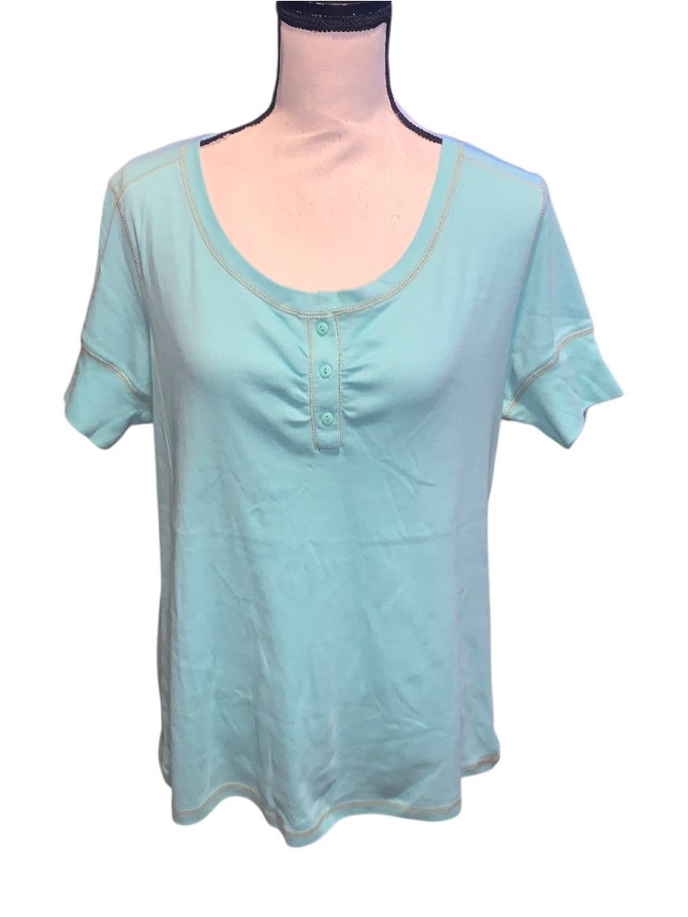 Cottage Street Light Aqua Short Sleeve Henley Top 1X Ruched